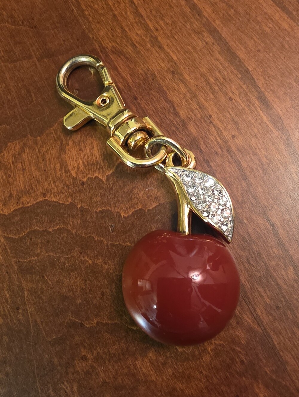 Joan Rivers Gold-Tone Red Cherry Keychain/Purse Charm with Crystal Leaf